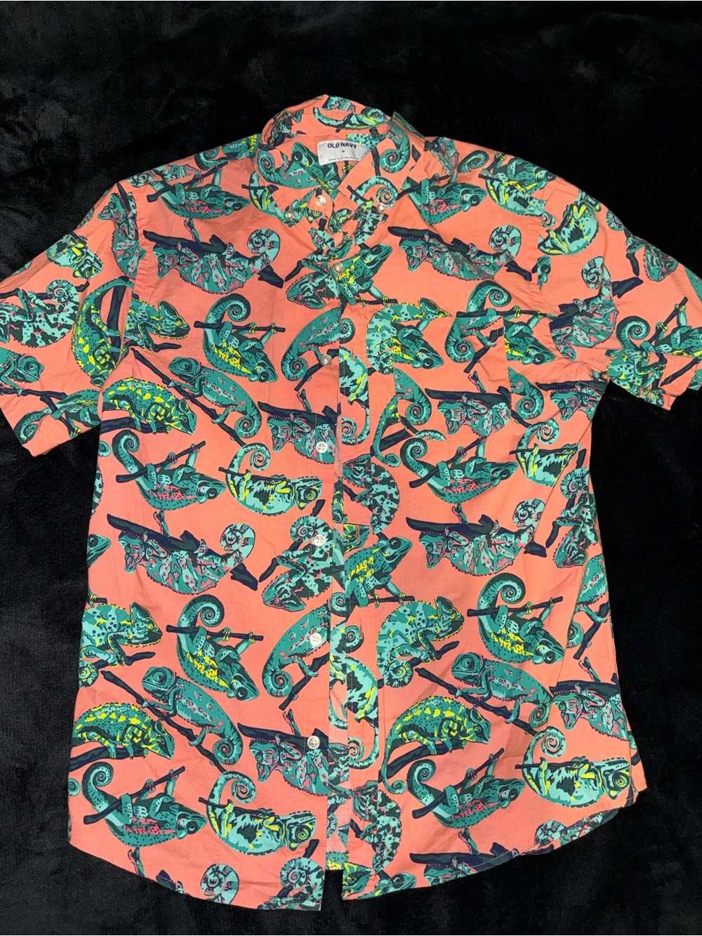 Old Navy Coral Button-Down Shirt with Teal & Green Chameleon Print